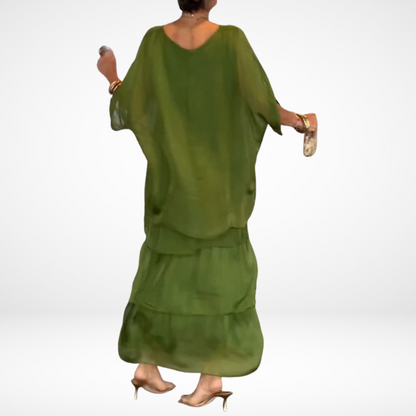 Womens Elegant Mother of The Bride Dresses for Wedding,Fall Chiffon 3/4 Batwing Sleeve Maxi Flowy Layered Dress