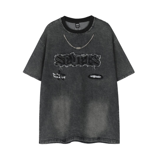 Oversized Washed Graphic Chain Embroidery Crewneck Short Sleeve Tee Streetwear Hip Hop Casual Summer T-Shirt - Seldom Seen Styles