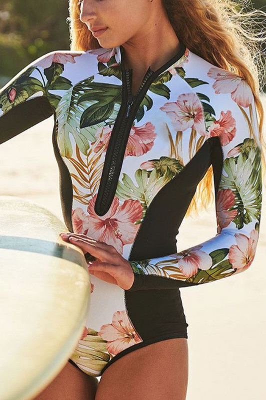 Palm Plant Zipper Front Sleeved Rash Guard One-piece Swimsuit - Seldom Seen Styles