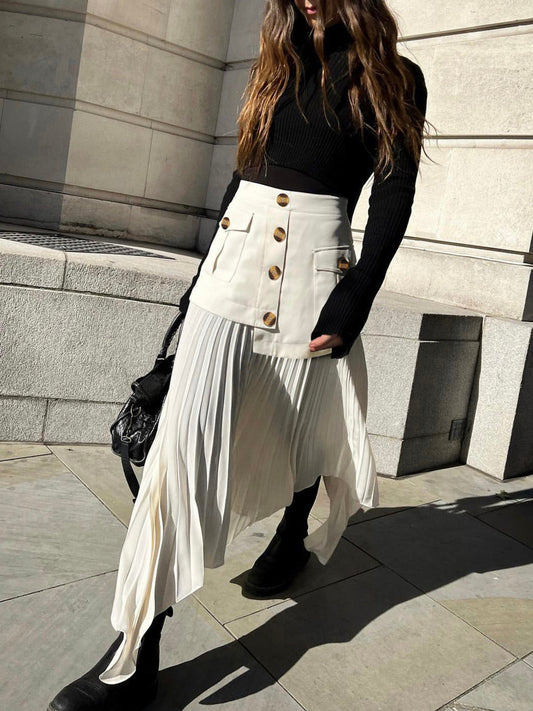 Patchwork Asymmetrical Pleated Buttoned Midi Skirt - Seldom Seen Styles