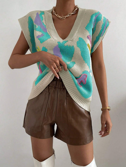 Patterned V-Neck Knitted Vest