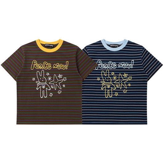 Peace Bunny Stripe Ringer T-Shirt Short Sleeve Crew Neck Casual Summer Cute Streetwear Tee | Peace Bunny Ringer - Seldom Seen Styles