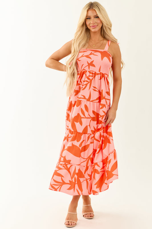 Peach Abstract Print Tie Straps Midi Dress - Seldom Seen Styles