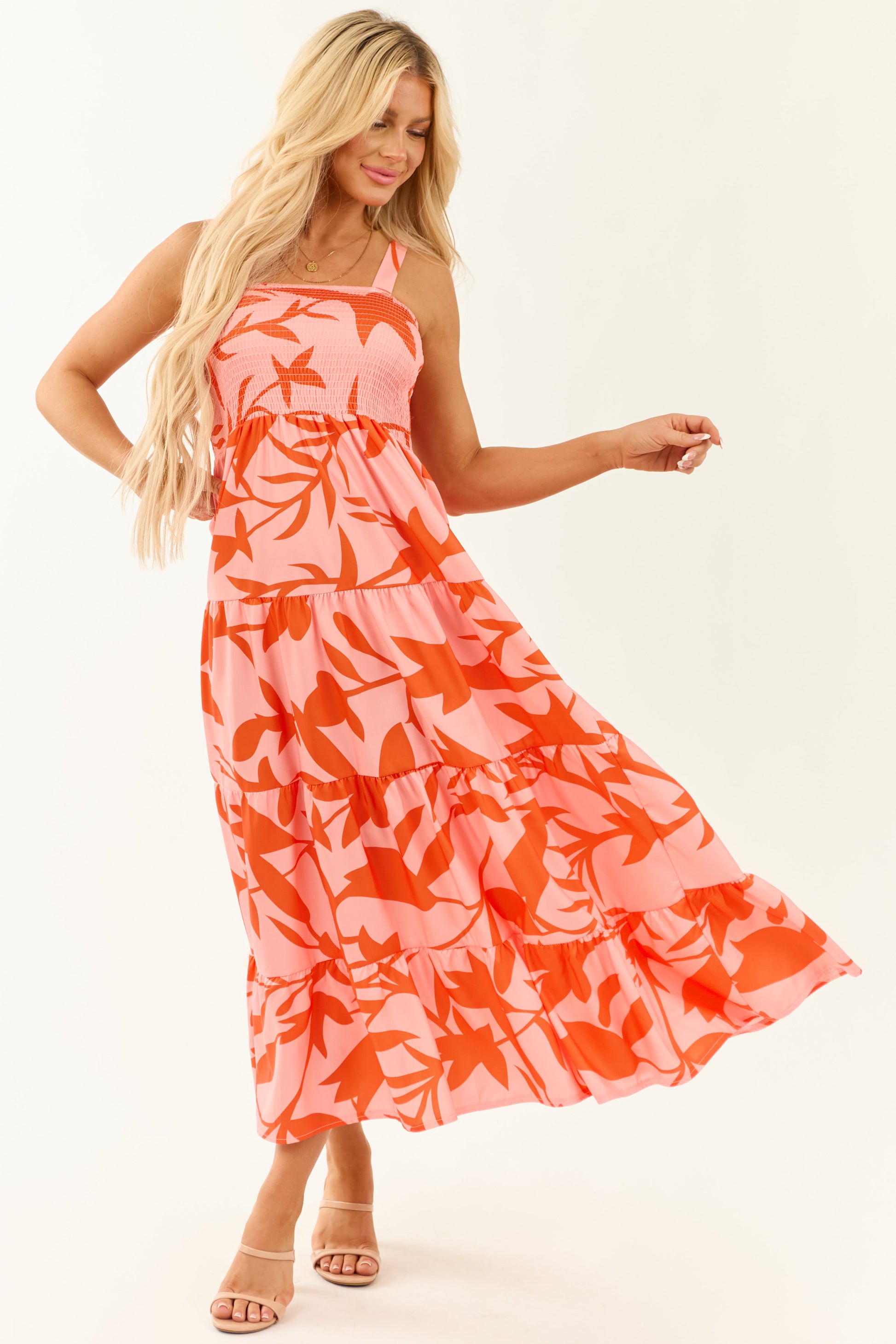 Peach Abstract Print Tie Straps Midi Dress