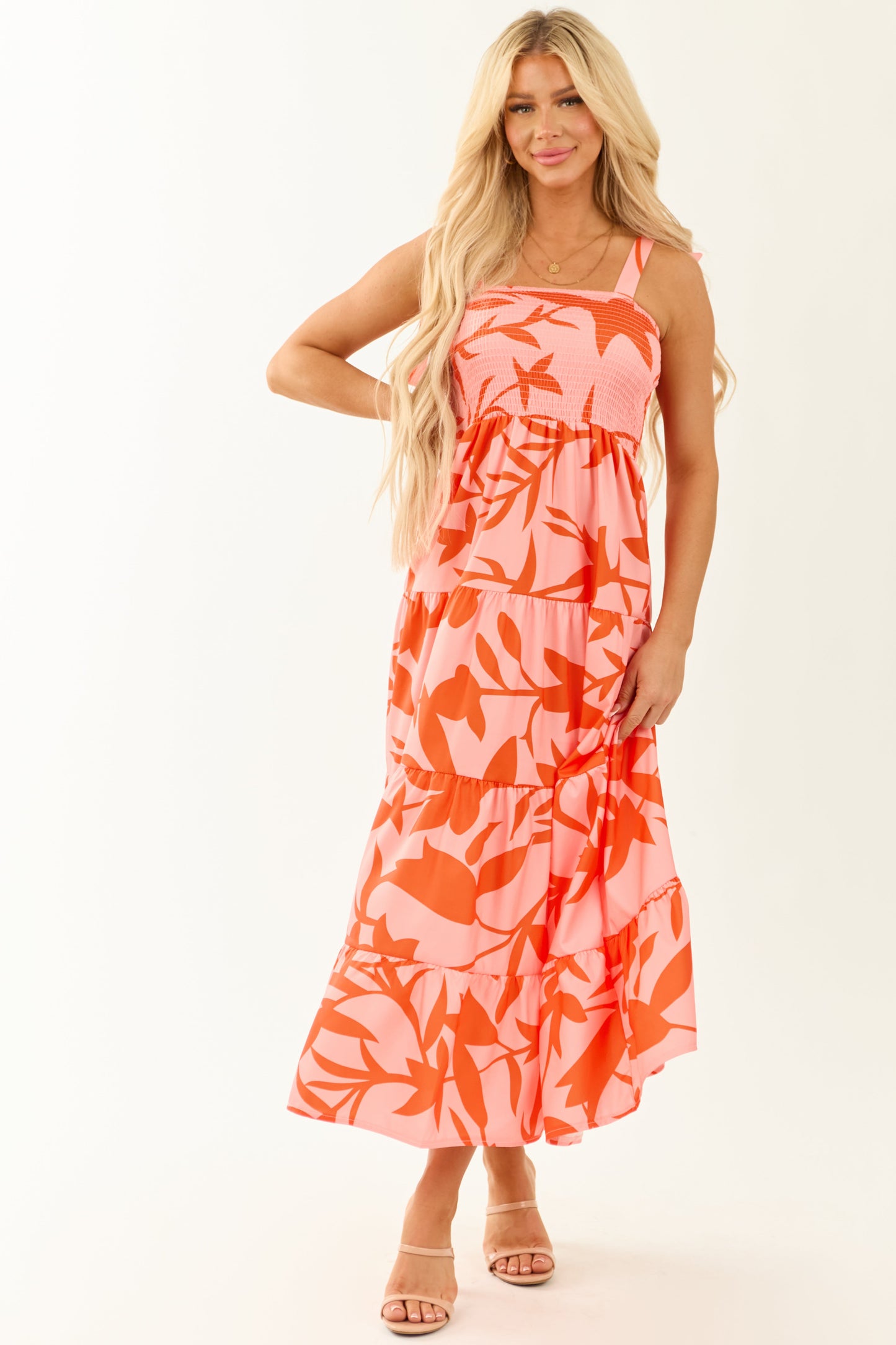 Peach Abstract Print Tie Straps Midi Dress