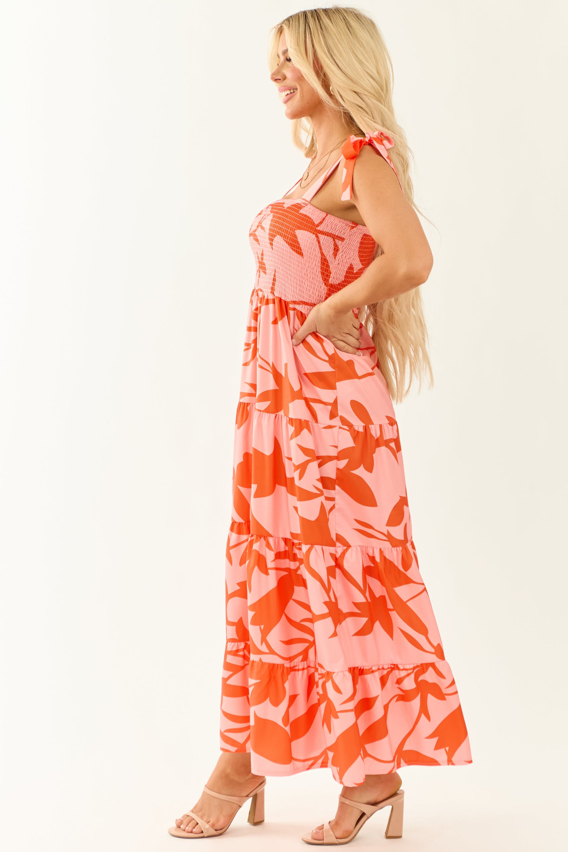 Peach Abstract Print Tie Straps Midi Dress