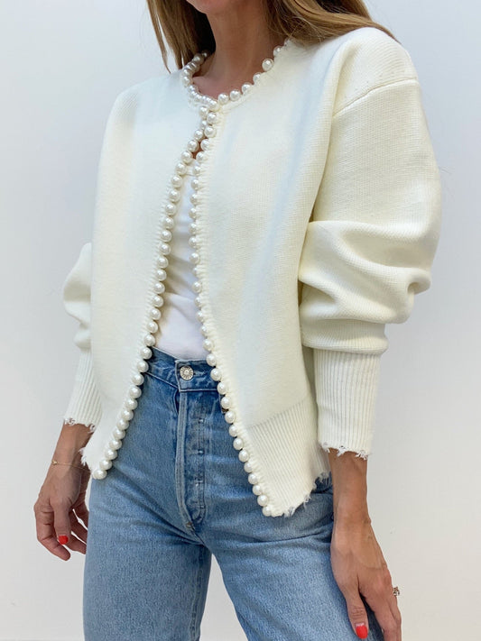 Pearl Trim Ripped Hem Cardigan - Seldom Seen Styles