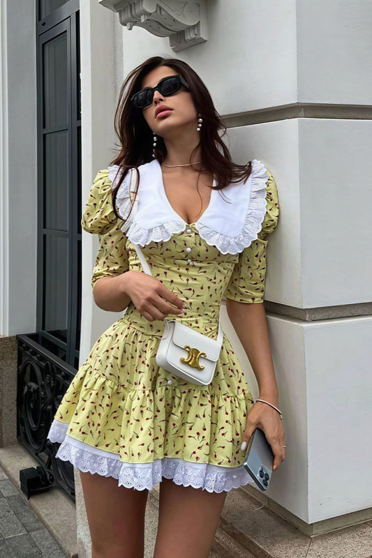 Peter Pan Collar Short Sleeve Floral Mini Dress - Seldom Seen Styles