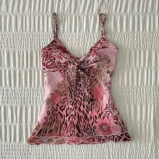 Women's Pink Floral Leopard Print Cami Top Ruched Y2K Spaghetti Strap Tank - Seldom Seen Styles