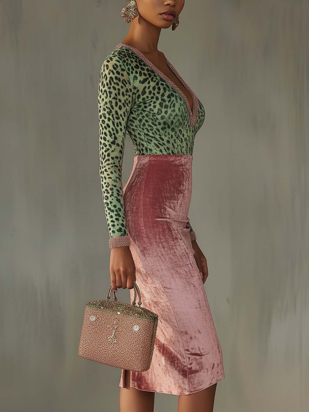 Pink Velvet Bodycon Dress With Patchwork Webbing And Leopard Print - Seldom Seen Styles