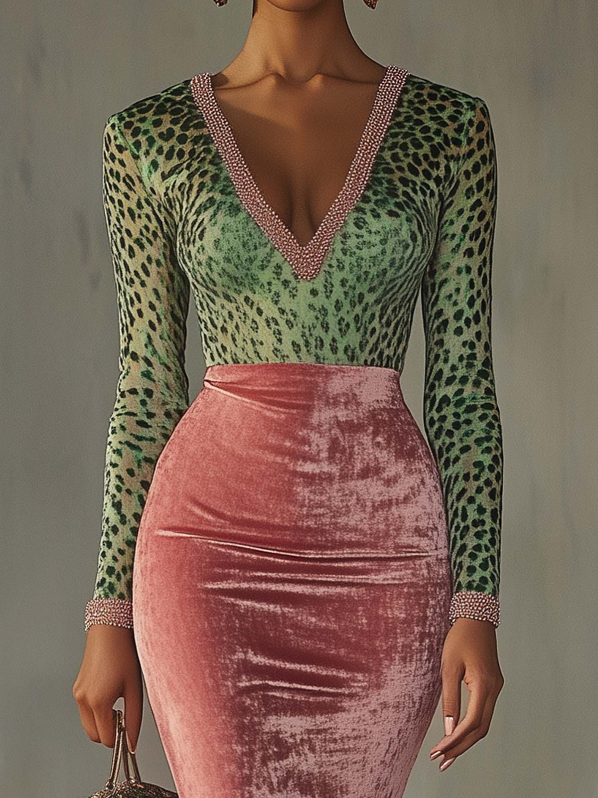 Pink Velvet Bodycon Dress With Patchwork Webbing And Leopard Print - Seldom Seen Styles