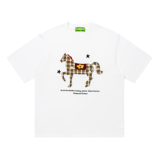 Plaid Horse Graphic Oversized T-Shirt Short Sleeve Crew Neck Casual Summer Streetwear Tee | Plaid Horse Tee - Seldom Seen Styles