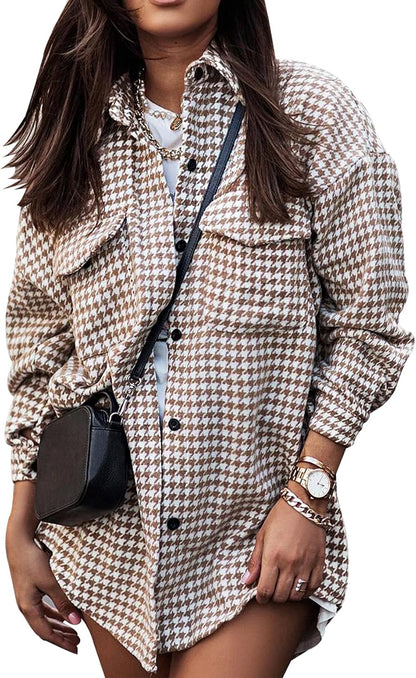 Karierte Jacke Damen Lässige Hahnentrittjacke Flanell Shacket Loose Langarm Hemd Button Down Shacket mit Taschen