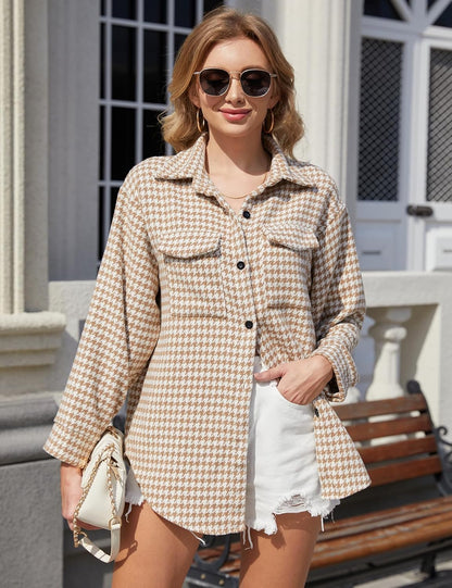 Karierte Jacke Damen Lässige Hahnentrittjacke Flanell Shacket Loose Langarm Hemd Button Down Shacket mit Taschen