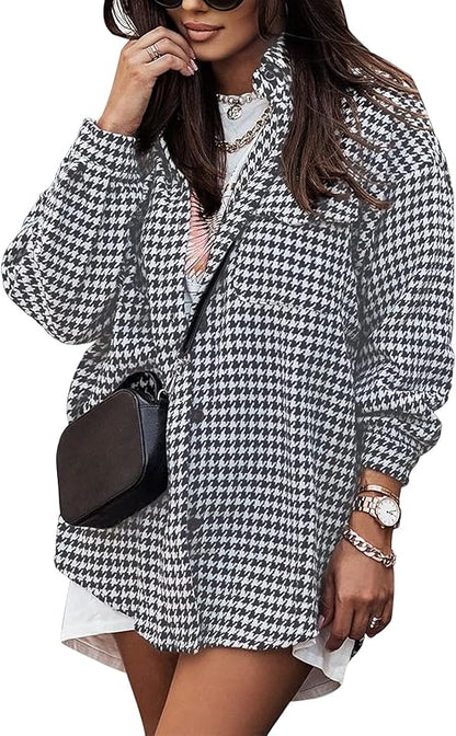 Karierte Jacke Damen Lässige Hahnentrittjacke Flanell Shacket Loose Langarm Hemd Button Down Shacket mit Taschen