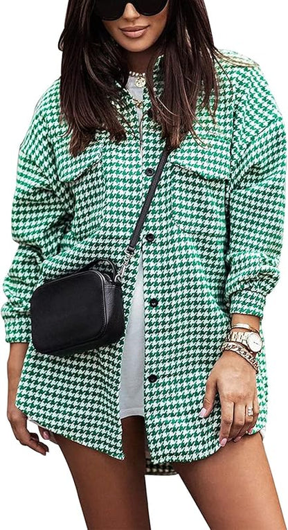 Karierte Jacke Damen Lässige Hahnentrittjacke Flanell Shacket Loose Langarm Hemd Button Down Shacket mit Taschen
