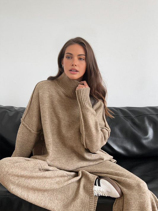 Plain Turtleneck Knit Pants Set - Seldom Seen Styles