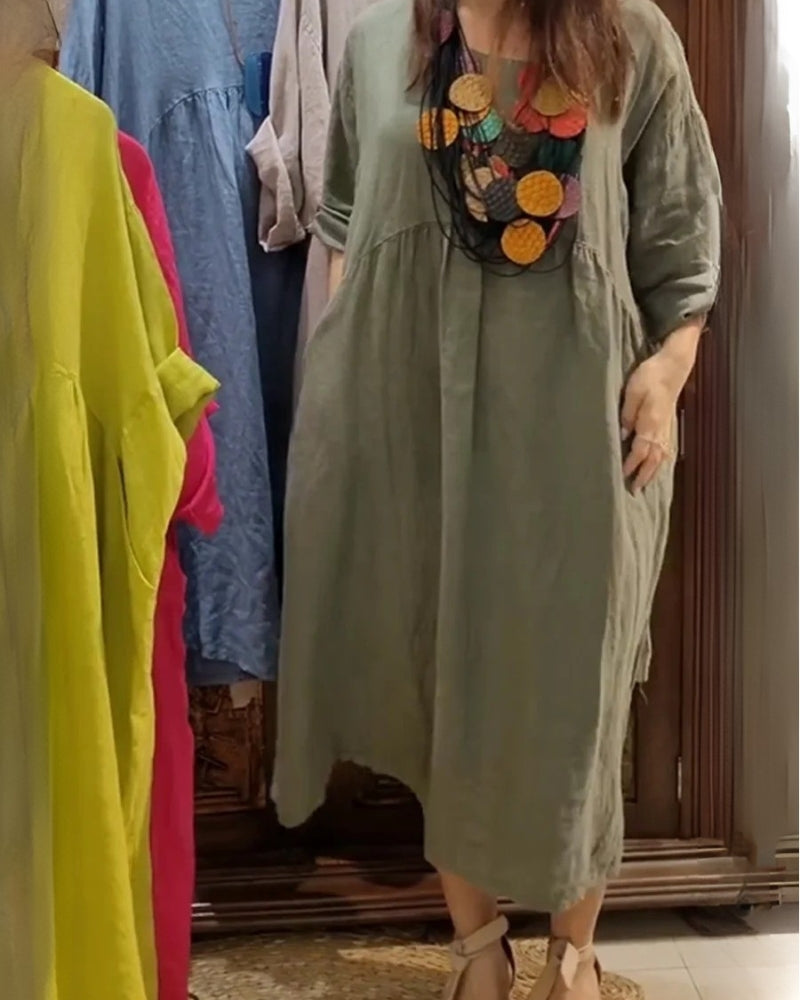Plus Size Linen Maxi Dress – Loose 3/4 Sleeve Casual Dress with Pockets - Seldom Seen Styles