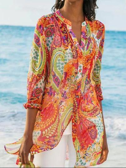 Plus Size Long Bohemian Jersey Nine Quarter Print Stand Regular Shirts - Seldom Seen Styles