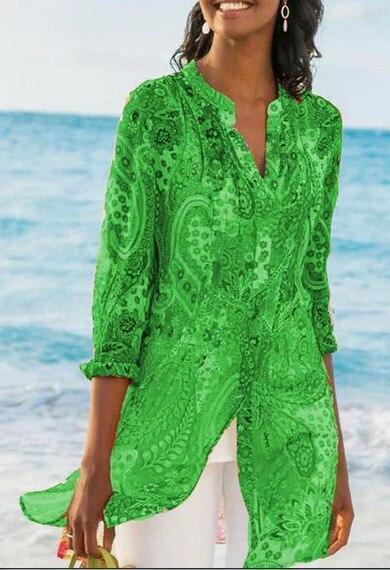 Plus Size Long Bohemian Jersey Nine Quarter Print Stand Regular Shirts - Seldom Seen Styles