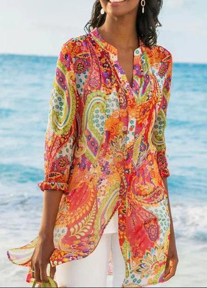 Plus Size Long Bohemian Jersey Nine Quarter Print Stand Regular Shirts - Seldom Seen Styles