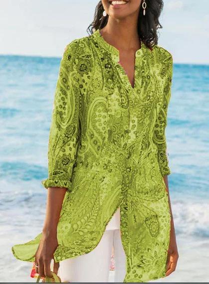 Plus Size Long Bohemian Jersey Nine Quarter Print Stand Regular Shirts - Seldom Seen Styles