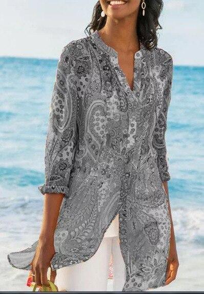 Plus Size Long Bohemian Jersey Nine Quarter Print Stand Regular Shirts - Seldom Seen Styles