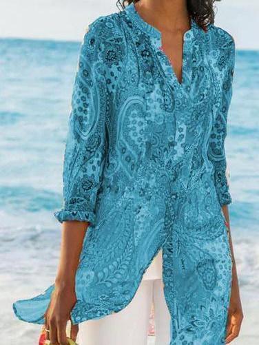 Plus Size Long Bohemian Jersey Nine Quarter Print Stand Regular Shirts - Seldom Seen Styles