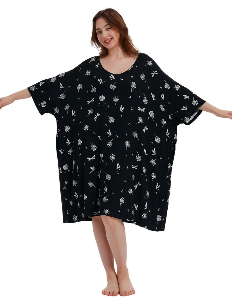Plus Size Nightgown for Women V-Neck Sleep  Dress Pjs Lounge Short Sleeves Sleepwear With Pocket Fit S-5XL Pajamas Elastic Loungewear Breathable Fabric - Seldom Seen Styles