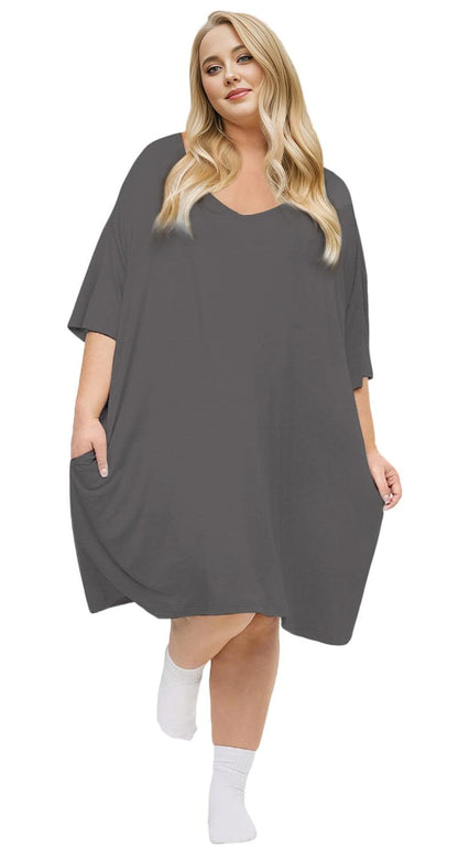 Chemise de nuit grande taille pour femmes, robe de nuit à col en V, pyjama de détente à manches courtes avec poche, taille S-5XL, pyjama élastique, tissu respirant