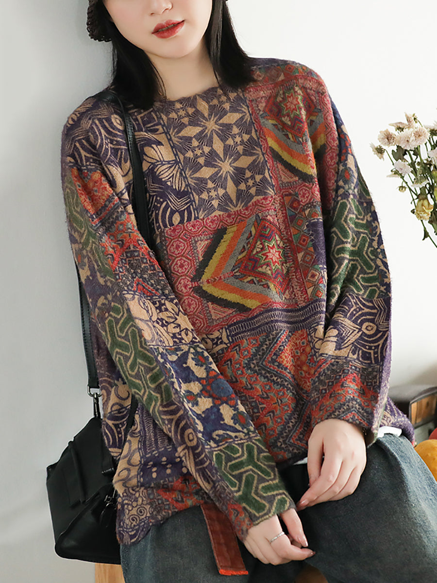 Plus Size Women Autumn Retro Floral Spliced Soft Sweater - Seldom Seen Styles