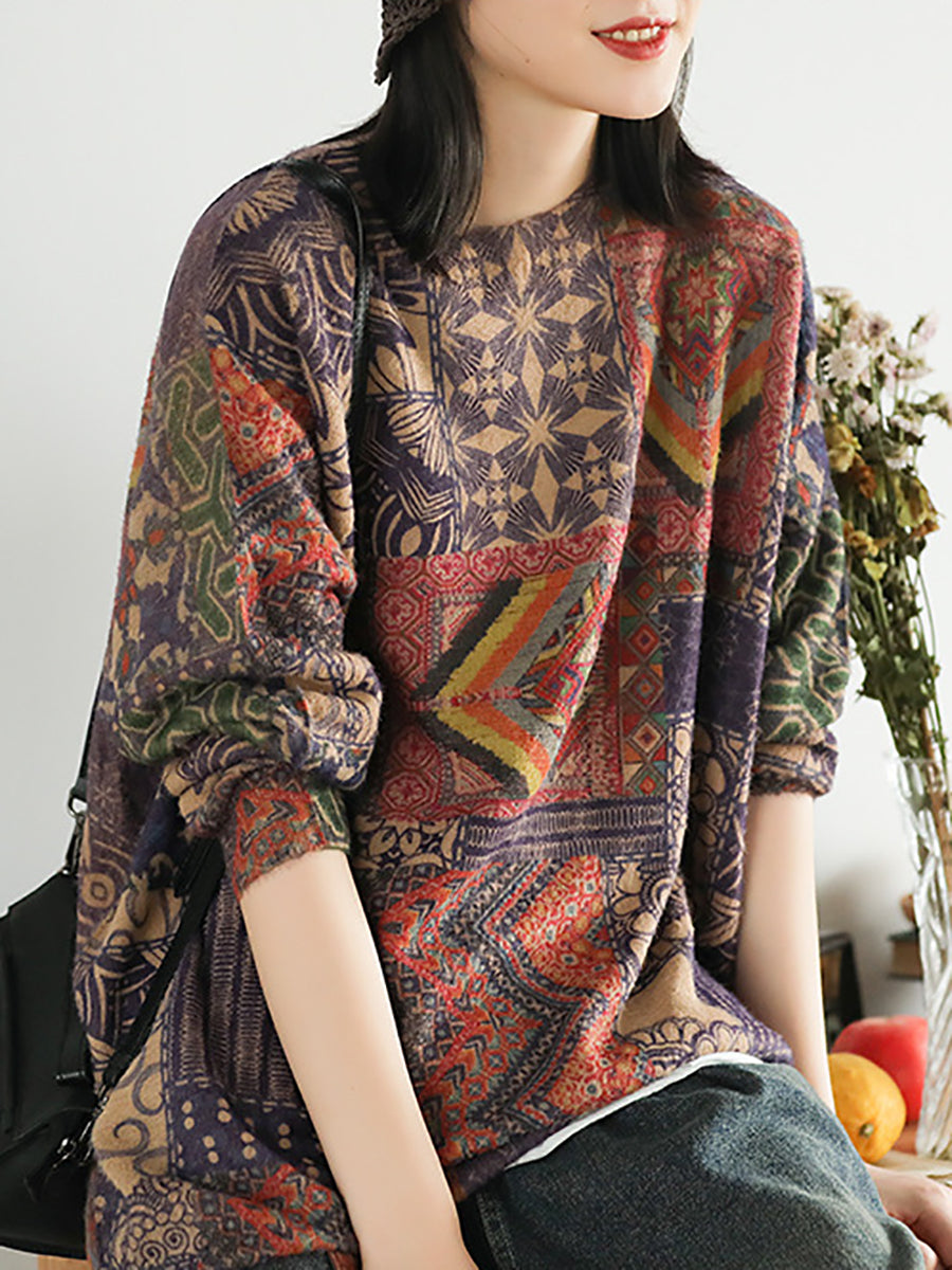 Plus Size Women Autumn Retro Floral Spliced Soft Sweater - Seldom Seen Styles