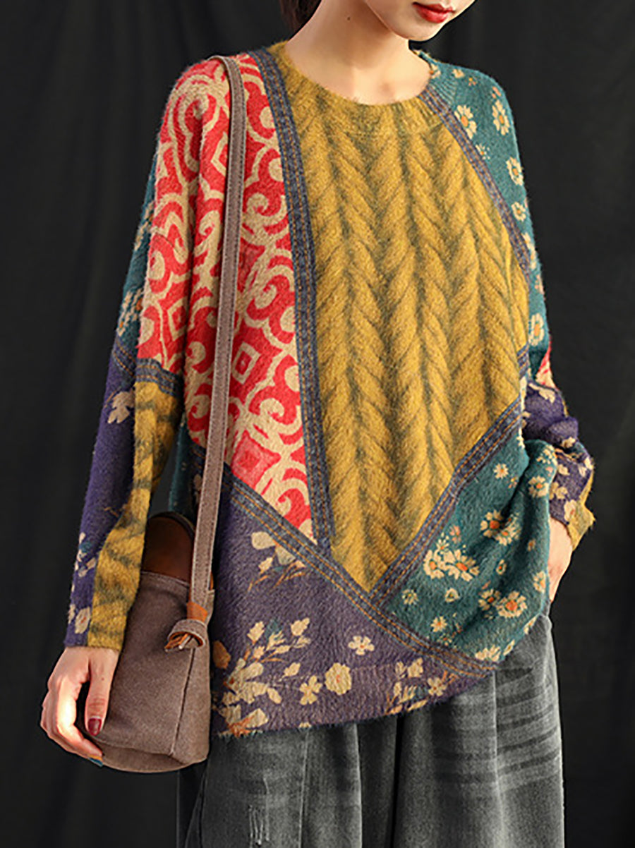 Plus Size Women Autumn Retro Floral Spliced Soft Sweater - Seldom Seen Styles