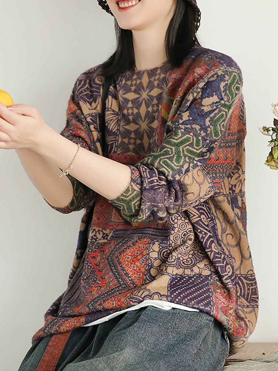 Plus Size Women Autumn Retro Floral Spliced Soft Sweater - Seldom Seen Styles