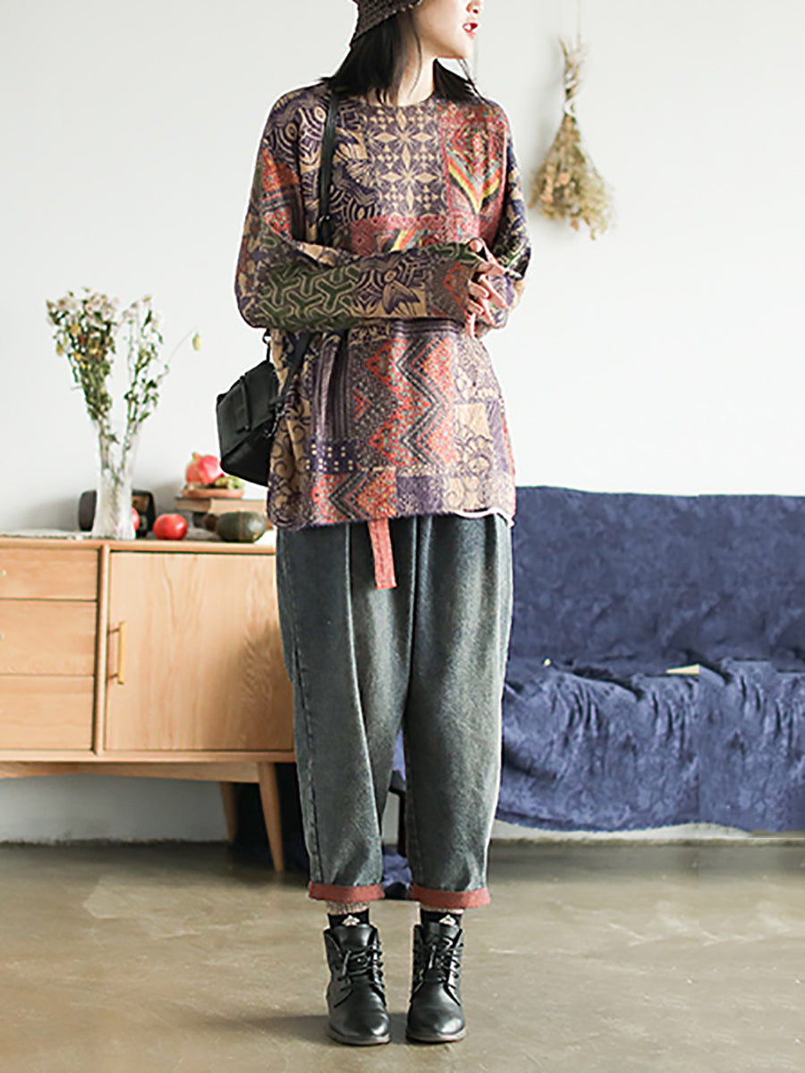 Plus Size Women Autumn Retro Floral Spliced Soft Sweater - Seldom Seen Styles