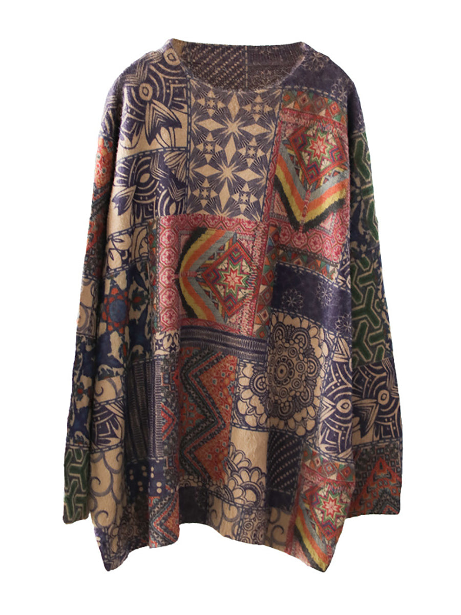 Plus Size Women Autumn Retro Floral Spliced Soft Sweater - Seldom Seen Styles