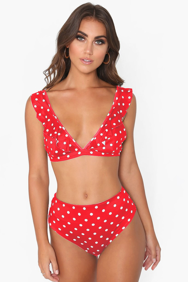 Polka Dot High Waist Ruffle Bikini - Seldom Seen Styles