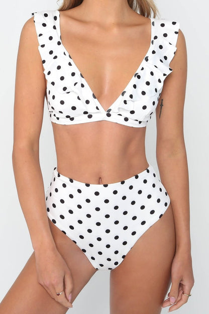 Gepunkteter Bikini mit hoher Taille und Rüschen