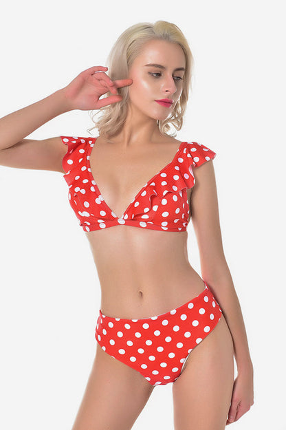 Gepunkteter Bikini mit hoher Taille und Rüschen