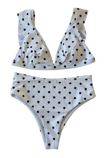 Gepunkteter Bikini mit hoher Taille und Rüschen