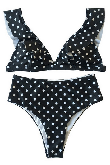 Gepunkteter Bikini mit hoher Taille und Rüschen