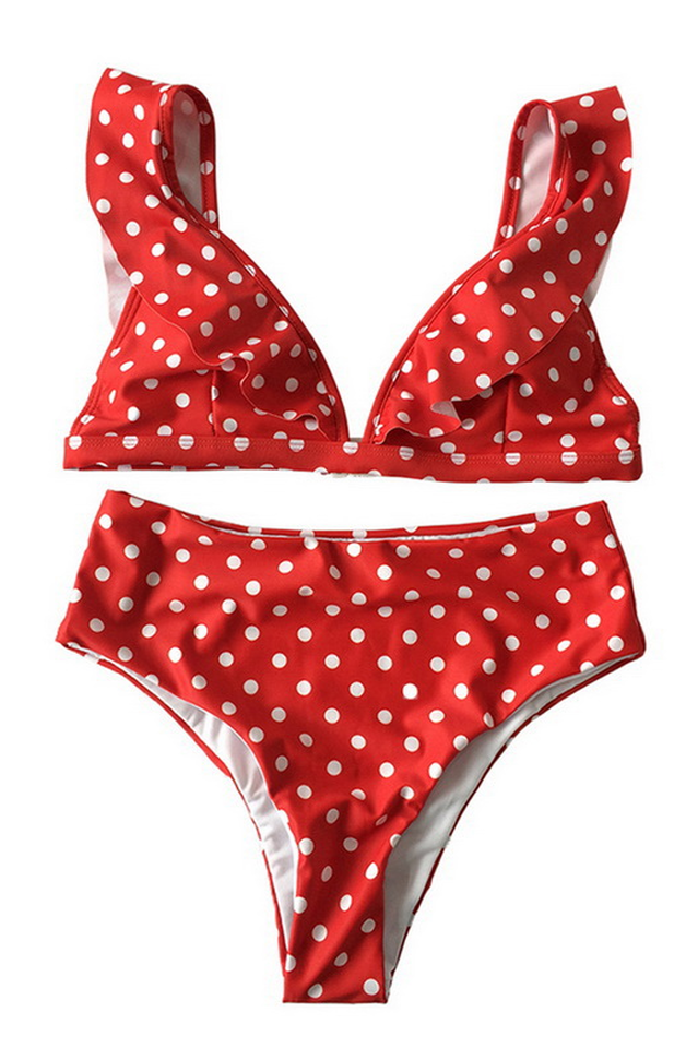 Polka Dot High Waist Ruffle Bikini - Seldom Seen Styles