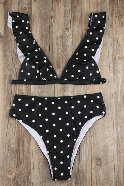 Gepunkteter Bikini mit hoher Taille und Rüschen