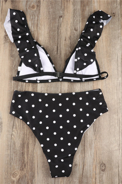 Gepunkteter Bikini mit hoher Taille und Rüschen