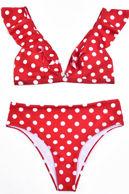 Gepunkteter Bikini mit hoher Taille und Rüschen