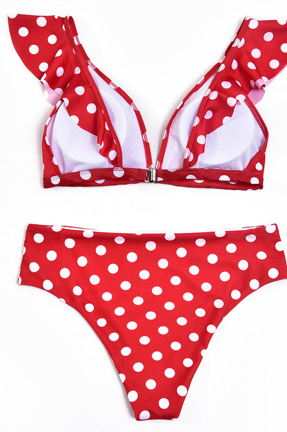 Gepunkteter Bikini mit hoher Taille und Rüschen