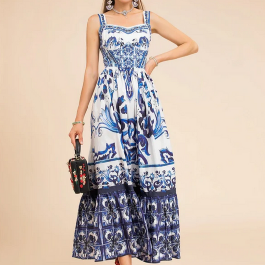 Porcelain Print A-Line Maxi Dress - Seldom Seen Styles