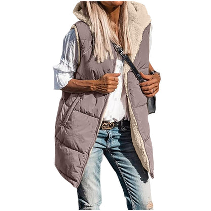 PrettyGarden Women's Warm Reversible Vests Sleeveless Fleece Basic Jacket Zip Up Coat Long Outerwear With Pockets And Hoodie Casual Outfit#Hoodieing