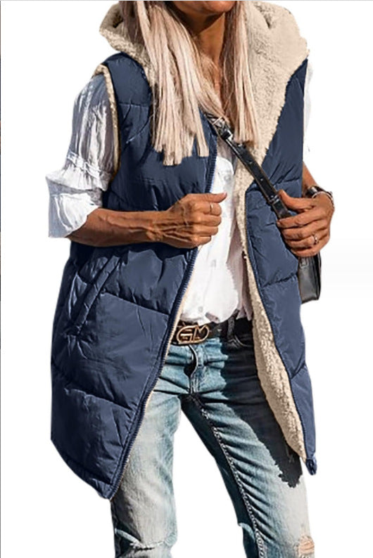 PrettyGarden Women's Warm Reversible Vests Sleeveless Fleece Basic Jacket Zip Up Coat Long Outerwear With Pockets And Hoodie Casual Outfit#Hoodieing - Seldom Seen Styles