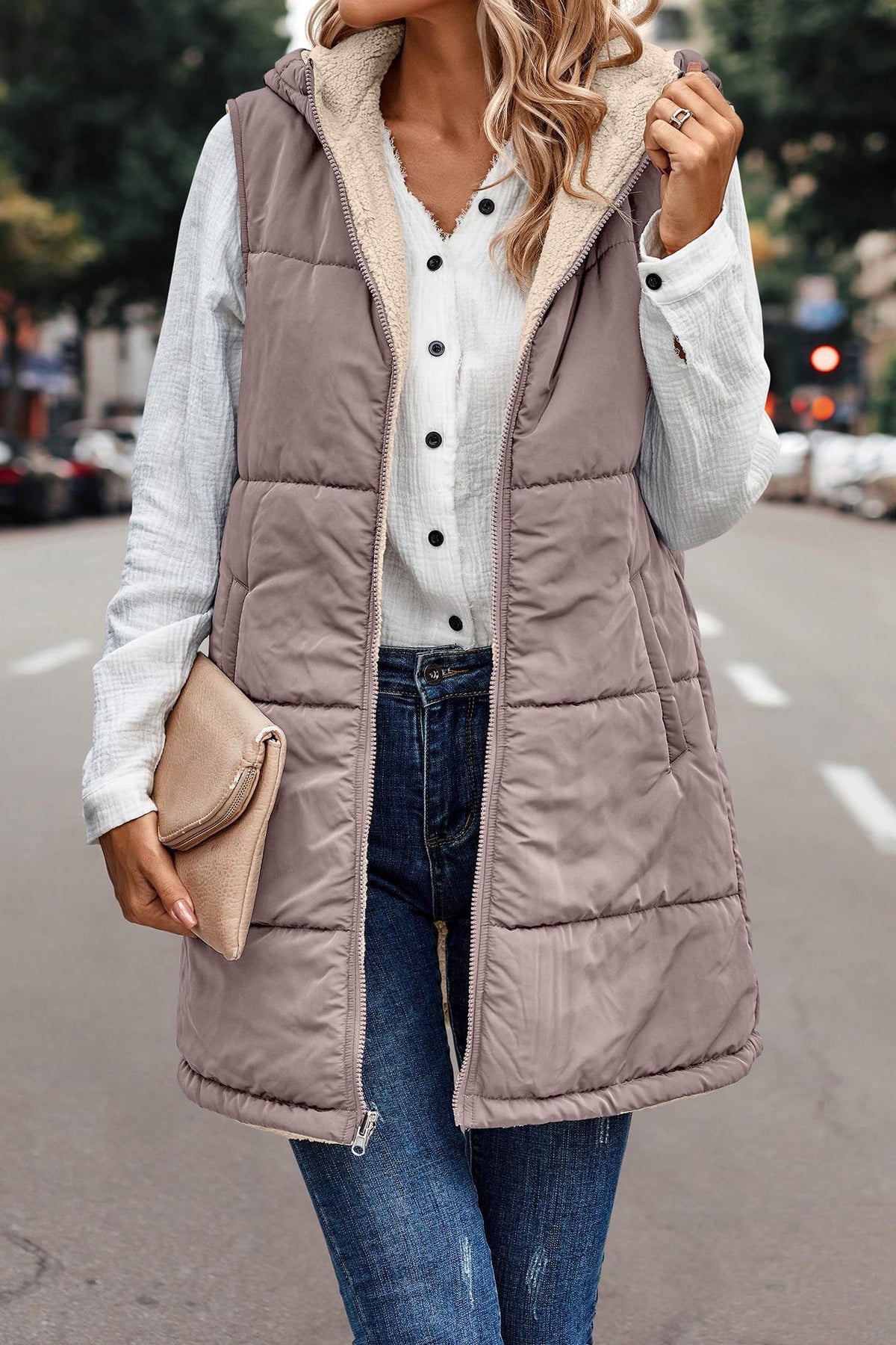 PrettyGarden Women's Warm Reversible Vests Sleeveless Fleece Basic Jacket Zip Up Coat Long Outerwear With Pockets And Hoodie Casual Outfit#Hoodieing - Seldom Seen Styles